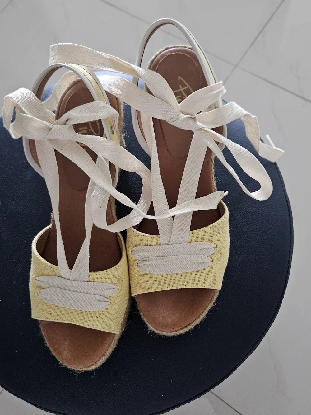 Ina Yellow Espadrille Wedge Sandals with Ivory Ankle Ties, Made In Spain, Size 8